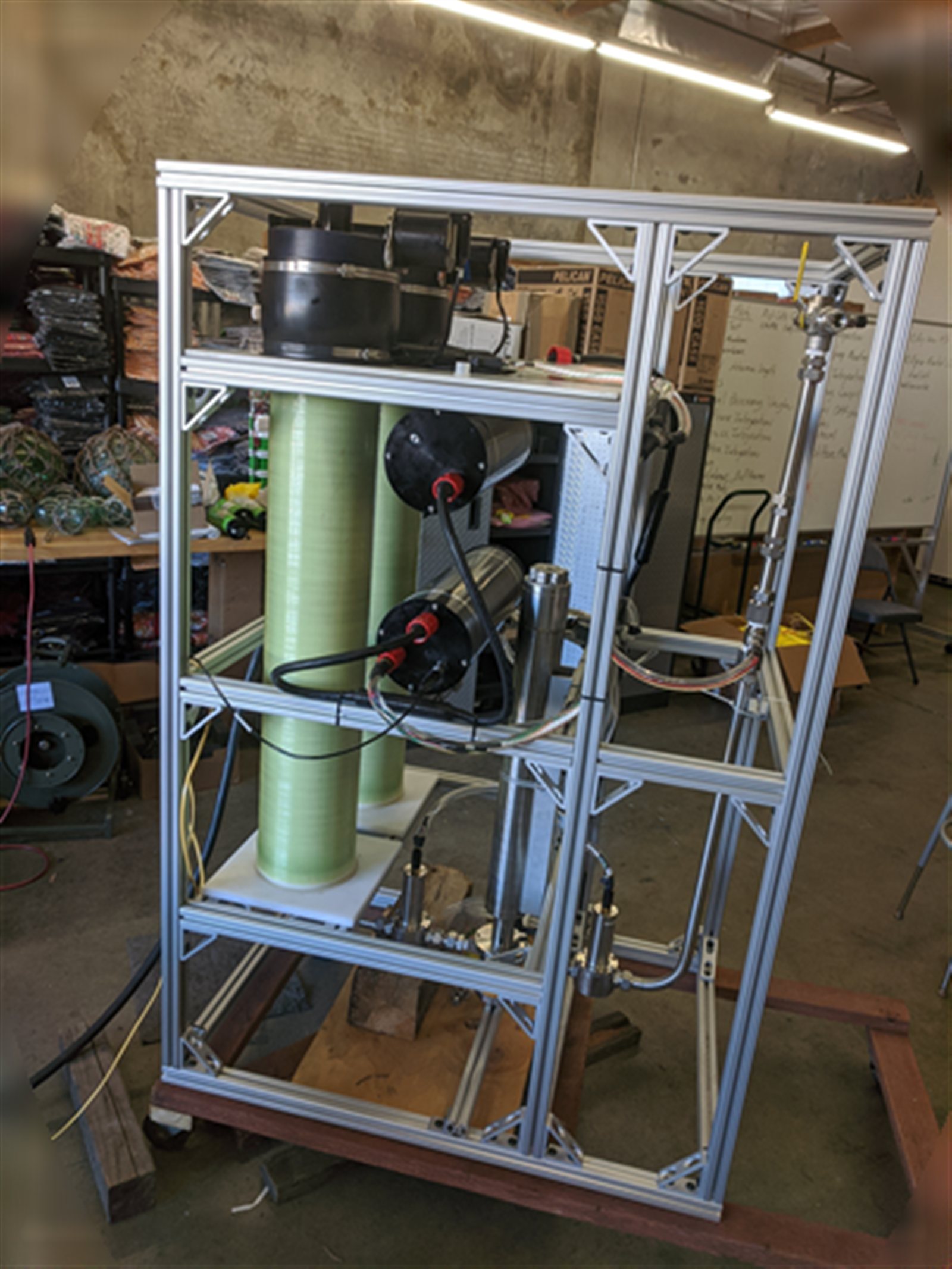 The subsea desalination module assembled and staged on its cart before deployment